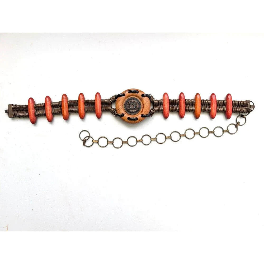 Vintage Artisan Wood Metal Coil Statement Belt Adjustable Boho Ethnic 38-50